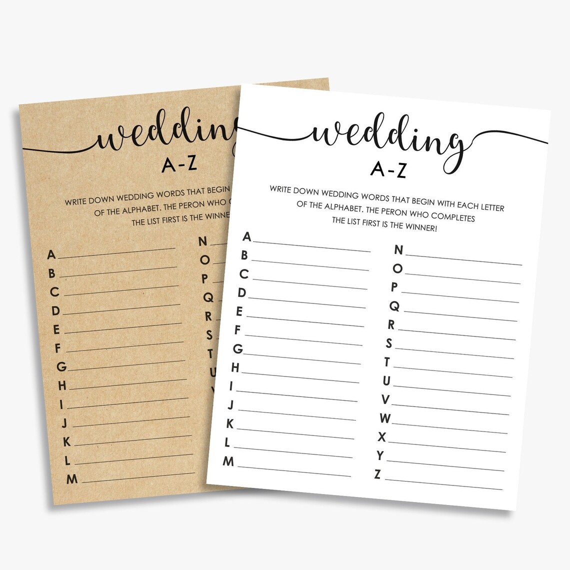 Wedding AZ Game Virtual Printable Bridal Alphabet Game Etsy