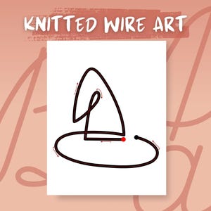 May include: A minimalist black line art illustration of a witch's hat on a white background. The artwork is labeled "KNITTED WIRE ART" in a textured, off-white font above the image. The hat design features a curved brim and pointed crown.