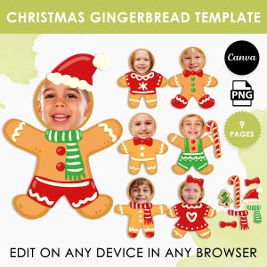 May include: A Christmas gingerbread template with various gingerbread people designs. The template includes gingerbread figures with children's faces, wearing festive outfits and accessories. Text on the image reads "CHRISTMAS GINGERBREAD TEMPLATE" and "EDIT ON ANY DEVICE IN ANY BROWSER."