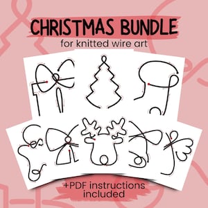 Könnte beinhalten: Ein Weihnachtspaket für Strickdrahtkunst mit schwarzen Drahtdesigns eines Geschenks, Weihnachtsbaums, Engels, einer Schleife, eines Rentiers und anderer festlicher Formen. Der Text "+PDF-Anleitungen enthalten" ist ebenfalls sichtbar.