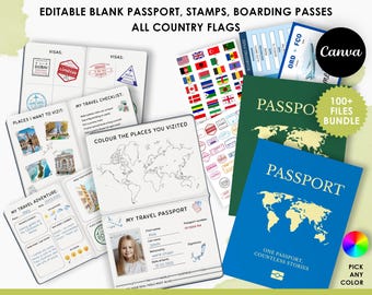 Editable Passport for Kids for Pretend Play Travel and Learning, Bundle, Boarding Pass Templates, Stamps, Printable, Instant Download