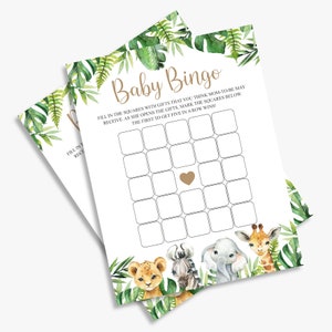 bingo safari baby shower, tarjetas de bingo para bebés, selva, género neutral, imprimible, descarga instantánea