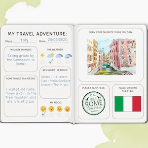 May include: Open travel journal titled "MY TRAVEL ADVENTURE: Italy". Features a canal scene drawing, a Rome stamp, and the Italian flag. Journal entries include date, weather, and mood. The journal is open to a double-page spread.