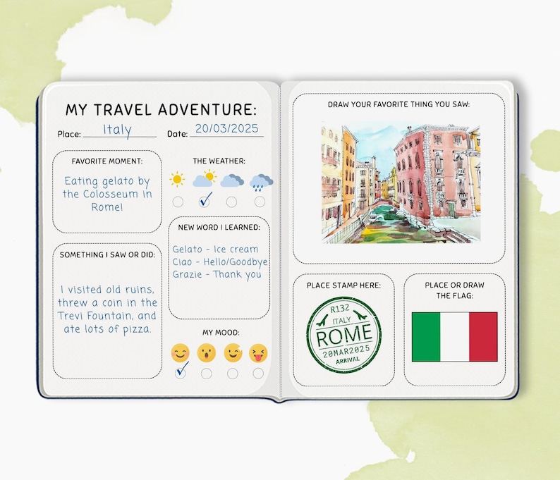 May include: Open travel journal titled "MY TRAVEL ADVENTURE: Italy". Features a canal scene drawing, a Rome stamp, and the Italian flag. Journal entries include date, weather, and mood. The journal is open to a double-page spread.