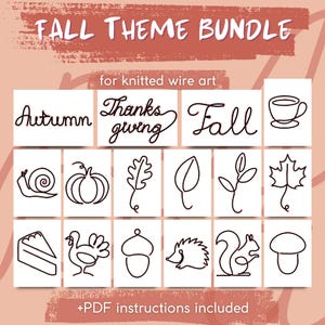 Könnte beinhalten: Eine Sammlung von Strichzeichnungen zum Thema Herbst, darunter die Wörter "Autumn", "Thanksgiving" und "Fall" sowie Bilder von Kürbis, Blatt und Eichhörnchen. Der Text "FALL THEME BUNDLE" steht oben, und "+PDF instructions included" steht unten.
