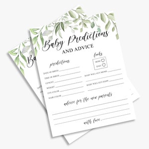cartes de prédiction et de conseils pour bébés, jeux de verdure pour baby shower, feuillage, feuilles vertes, non sexiste, imprimable, téléchargement immédiat