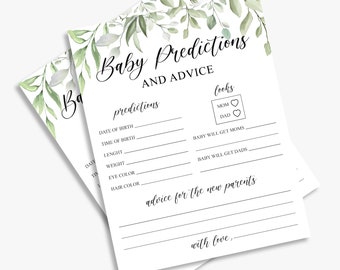 baby prediction and advice cards, greenery baby shower games, foliage, green leaves, gender neutral, printable, instant download