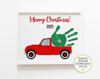 Red Truck Christmas Tree Footprint or Handprint Art, Christmas handprint craft, christmas kids activity