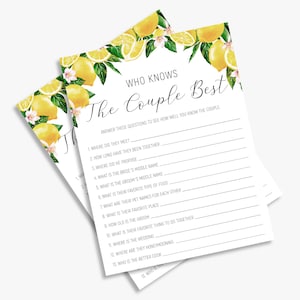 who knows the couple best, lemons bridal shower game, couple shower game, Italy couple shower, printable, instant download