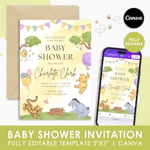 Classic Winnie the Pooh Baby Shower Invitation, Gender Neutral, Canva, Editable, Printable, Instant Download