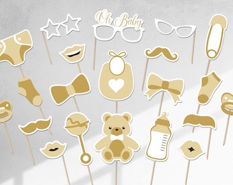 63 funny photo booth props, twinkle twinkle little star baby shower, black & gold, gender neutral, props, printable, instant download