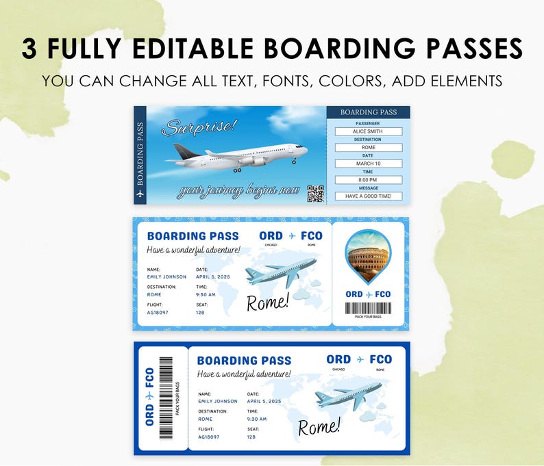 May include: Three fully editable boarding passes with blue and white designs. The passes feature airplane illustrations, the word "Rome," and the text "Have a wonderful adventure!" The top pass says "Surprise!" and "your journey begins now."
