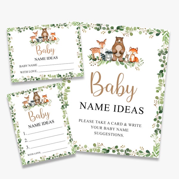 Baby name ideas, woodland baby shower game, sign + cards, baby name suggestions, forest animals, printable, instant download