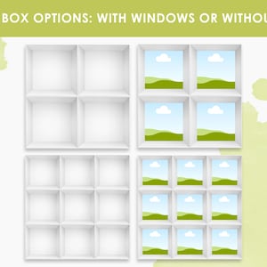 Könnte beinhalten: Weiße Präsentationsboxen mit und ohne Fensterausschnitte, unterteilt in Fächer. Der Text oben lautet "2 BOX OPTIONS: WITH WINDOWS OR WITHOUT". Die Boxen mit Fenstern zeigen eine Landschaft.
