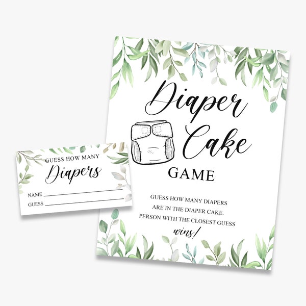 Diaper cake game, greenery baby shower, guess how many diapers, diaper cake guessing game, printable, instant download