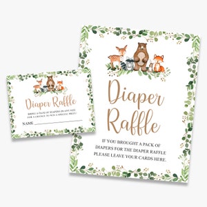 Boleto y cartel para rifa de pañales, baby shower con temática de bosque, invitación para rifa de pañales, animales del bosque, imprimible, descarga instantánea