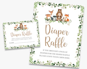 Diaper Raffle Ticket and Sign, woodland baby shower, Diaper Raffle Invitation Insert, forest animals, printable, instant download