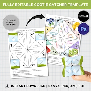 May include: A fully editable cootie catcher template with a customizable design. The image shows a folded paper fortune teller and a flat template with numbers, text, and illustrations of fruits. The text says "Customize to match any theme!"