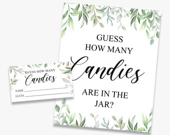 guess how many candies are in the jar, greenery baby shower game, printable, instant download