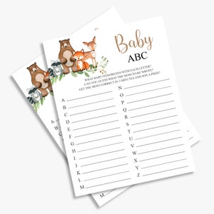 May include: A printable baby shower game with a woodland theme. The game asks guests to guess what baby item begins with each letter of the alphabet. The game features a brown bear, a fox, and a deer.