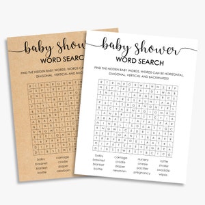 Gioco di ricerca di parole per baby shower, ricerca di parole rustica per bambini, genere neutro, kraft + bianco e nero, stampabile, download immediato