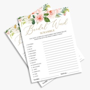 bridal word scramble, blush floral bridal shower game, dusty rose, gold calligraphy, printable, digital download