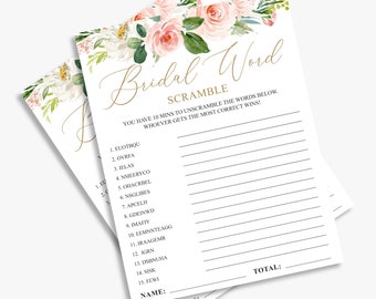 May include: Two white sheets of paper with a floral design and the words "Bridal Word Scramble" in gold script. The game includes scrambled words and space to write answers. Floral accents include pink roses and green leaves.