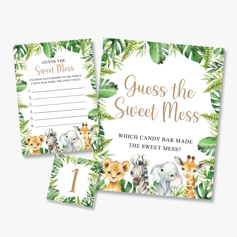 May include: A jungle-themed baby shower game with a green leafy border. The game is called "Guess the Sweet Mess" and asks guests to guess which candy bar made the sweet mess. The game includes a list of numbers 1 through 6 and a separate card with the number 1.