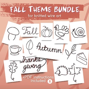 May include: A selection of white cards featuring black wire art illustrations of autumn-themed objects, such as a mushroom, pumpkin, turkey, and leaf. The words "Fall," "Autumn," and "Thanksgiving" are also displayed. The text "FALL THEME BUNDLE" is at the top.