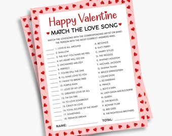 Love Song Match Game, Valentine's Day game for adults, Valentines Party games, printable, Instant Download, with Answer Key