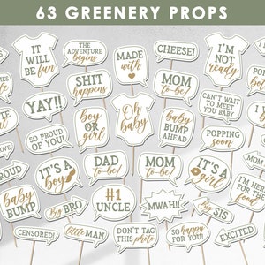 63 greenery baby shower photo booth props, rustic, botanical, gender neutral, green and gold, props, printable, instant download