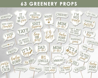 63 greenery baby shower photo booth props, rustic, botanical, gender neutral, green and gold, props, printable, instant download