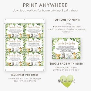 Puede incluir: Una invitaci&oacute;n de baby shower imprimible con un tema de selva. La invitaci&oacute;n presenta un le&oacute;n, un elefante y una jirafa con hojas verdes y el texto "Books for Baby". La invitaci&oacute;n est&aacute; disponible en varios tama&ntilde;os y formatos para imprimir en casa o en imprentas.