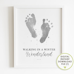 winter nursery decor, footprint art, christmas baby keepsake, first christmas, minimalist, silver, crafts, memory, instant download