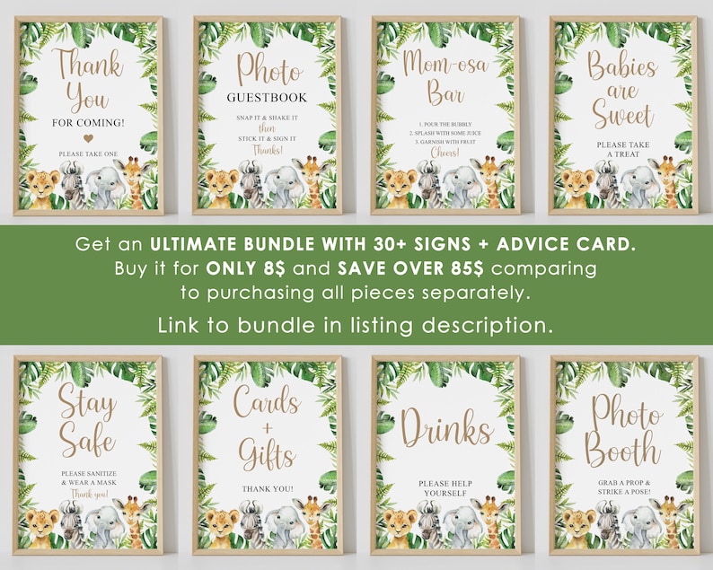 May include: A set of printable jungle animal baby shower signs with a green and brown color scheme. The signs feature a variety of jungle animals, including lions, zebras, and elephants. The signs include text such as "Thank You", "Photo Guestbook", "Mom-osa Bar", "Babies are Sweet", "Stay Safe", "Cards & Gifts", "Drinks", and "Photo Booth".