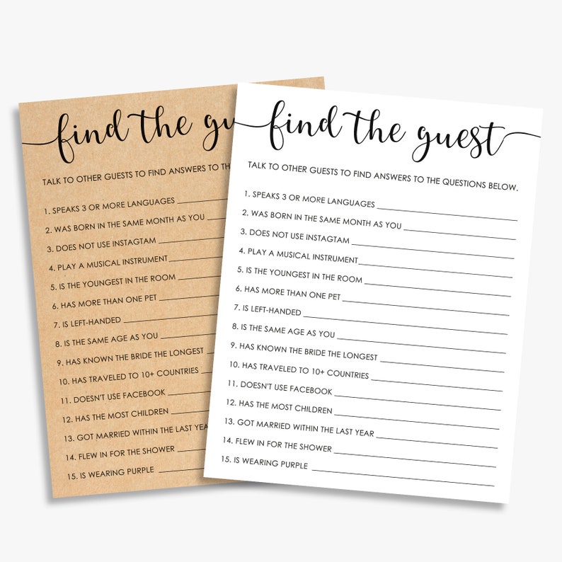 rustic kraft printable virtual find the guest bridal shower game black and white