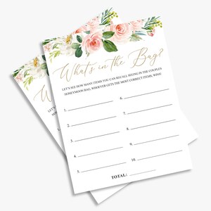 What&#39;s in the bag, blush floral bridal shower game, dusty rose, gold calligraphy, printable, instant download