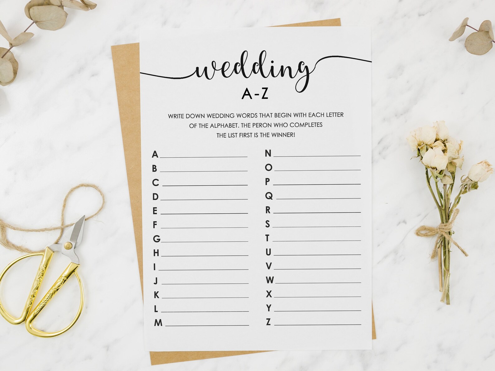Wedding AZ Game Virtual Printable Bridal Alphabet Game Etsy