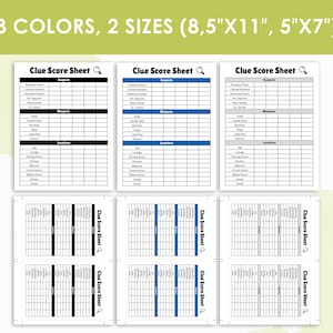 Peut inclure: Feuilles de score Cluedo en noir, bleu et blanc, avec le texte "Clue Score Sheet". Disponibles en deux tailles : 21,6 cm x 27,9 cm et 12,7 cm x 17,8 cm. Chaque feuille comporte des sections pour les suspects, les armes et les lieux.