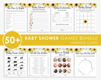 May include: A set of printable baby shower game cards featuring a sunflower theme. The games include "The Price is Right", "Baby Shower Emoji Pictionary", "Baby Predictions and Advice", "Baby Bingo", "Baby Name Game", "Would She Rather", "Beer or Baby Belly", and "Who Gave Me My Looks".