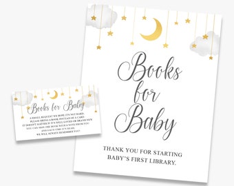 Books for baby sign + cards, twinkle twinkle little star baby shower sign, gender neutral, moon and stars, printable, instant download