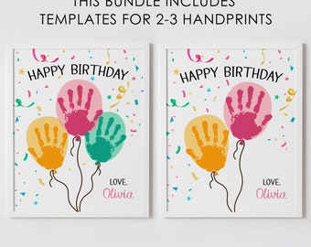 Tarjeta de cumpleaños DIY para bebé, manualidades con globos y huellas de manos, paquete, feliz cumpleaños, personalizada, recuerdo, imprimible, descarga instantánea