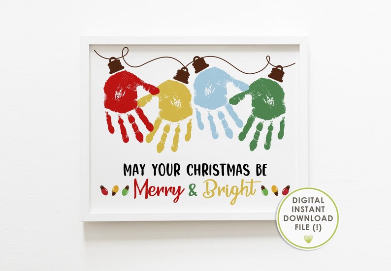 handprint christmas lights, kids crafts, merry & bright, printable, instant download image 1