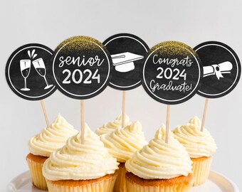 graduation cupcake toppers, 2024, DIY, graduation decorations, black & gold, printable, INSTANT DOWNLOAD