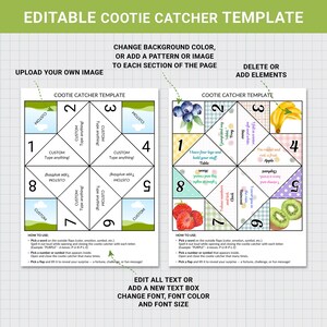 May include: Editable cootie catcher template with instructions. The design features two templates with numbered sections, text boxes, and the option to upload images. The text includes instructions on how to use the cootie catcher.