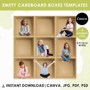 以下が含まれることがあります： 9つの空の段ボール箱に子供たちがいる画像。箱は3x3のグリッドに配置されています。上部のテキストは「EMPTY CARDBOARD BOXES TEMPLATES」と表示されています。追加のテキストには「4 DIFFERENT TYPES」と「4/9/12/16 BOXES」が含まれています。