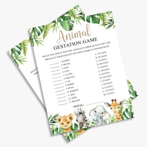 Animal gestation game, safari baby shower, gender neutral, animal pregnancy game, jungle, printable, instant download