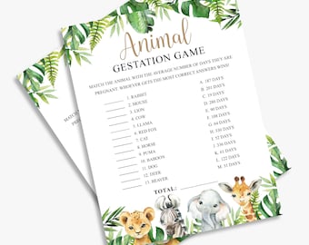 May include: A printable game for a baby shower or party. The game is called "Animal Gestation Game" and asks players to match animals with the average number of days they are pregnant. The game features a jungle theme with green leaves and illustrations of a lion, zebra, elephant, and giraffe.