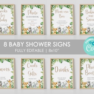 editable safari baby shower sign bundle, baby shower table sign, safari animals, printable, instant download