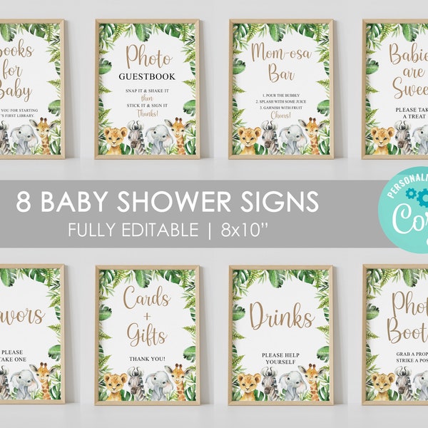 editable safari baby shower sign bundle, baby shower table sign, safari animals, printable, instant download